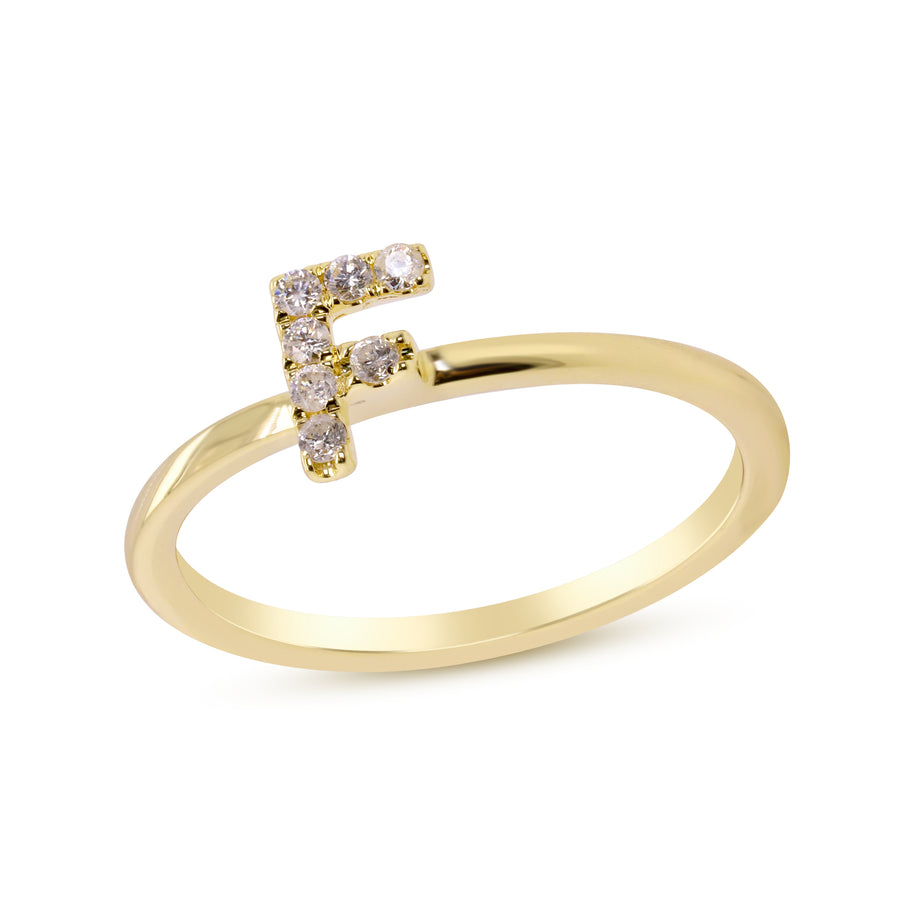 F Initial 14K Yellow Gold Round-Cut White Diamond Ring