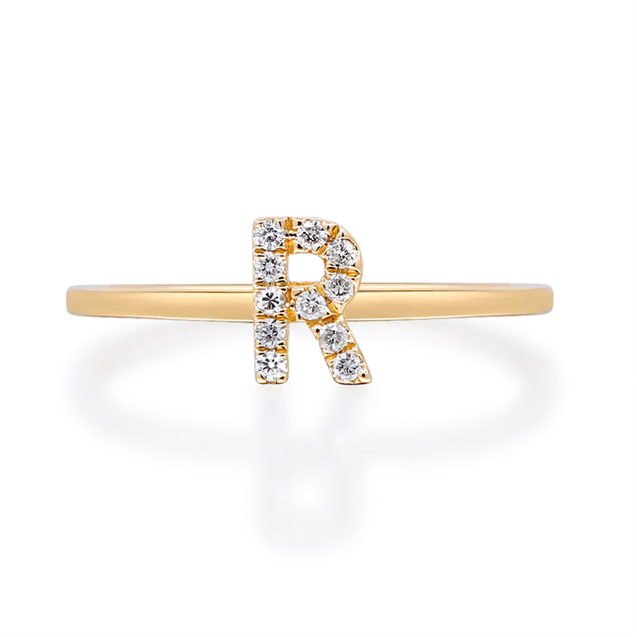 R Initial 14K Yellow Gold Round-Cut White Diamond Ring