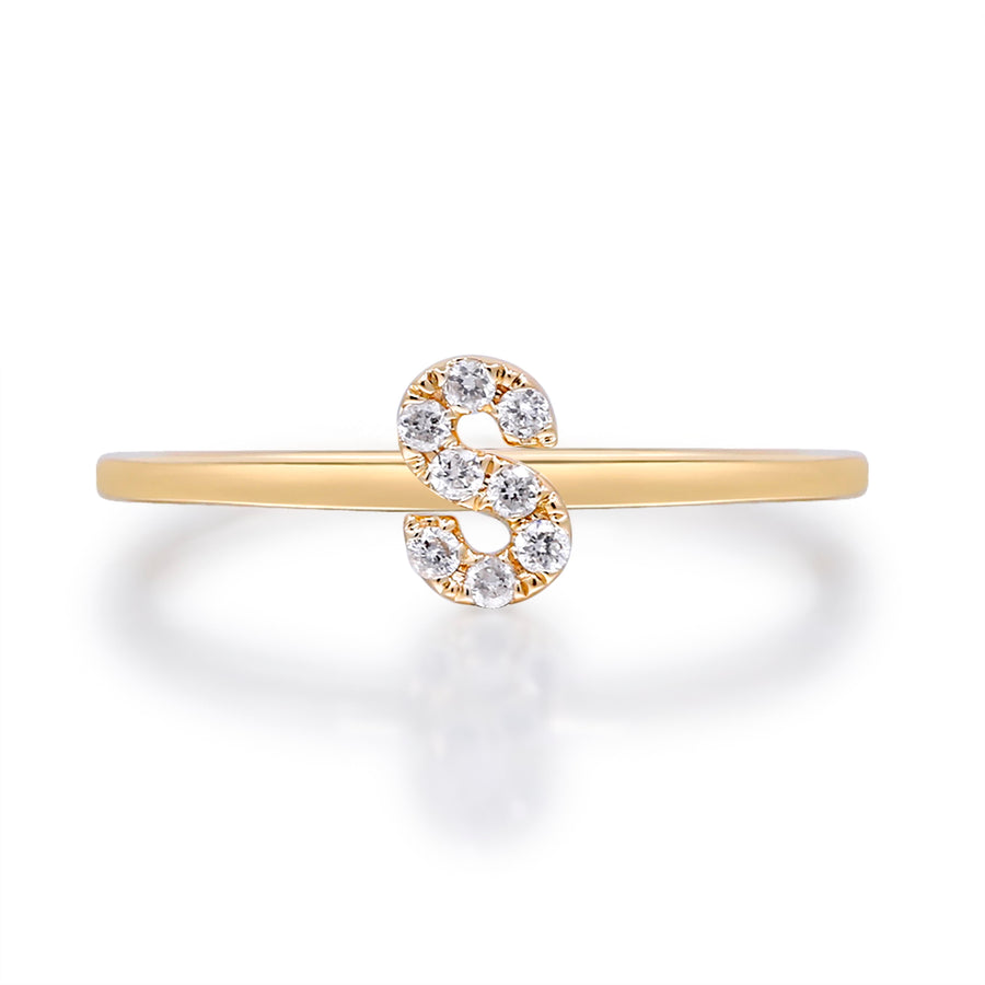 S Initial 14K Yellow Gold Round-Cut White Diamond Ring