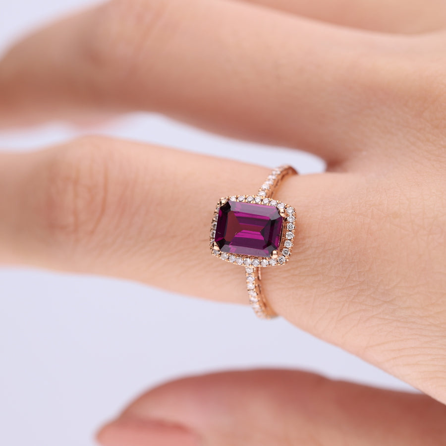 Lorelai 10K Rose Gold Emerald-Cut Madagascar Rhodolite Ring