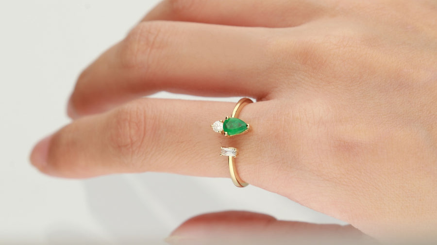 Exquisite Beauty: Romina 14K Yellow Gold Ring with Pear-Cut Natural Zambian Emerald