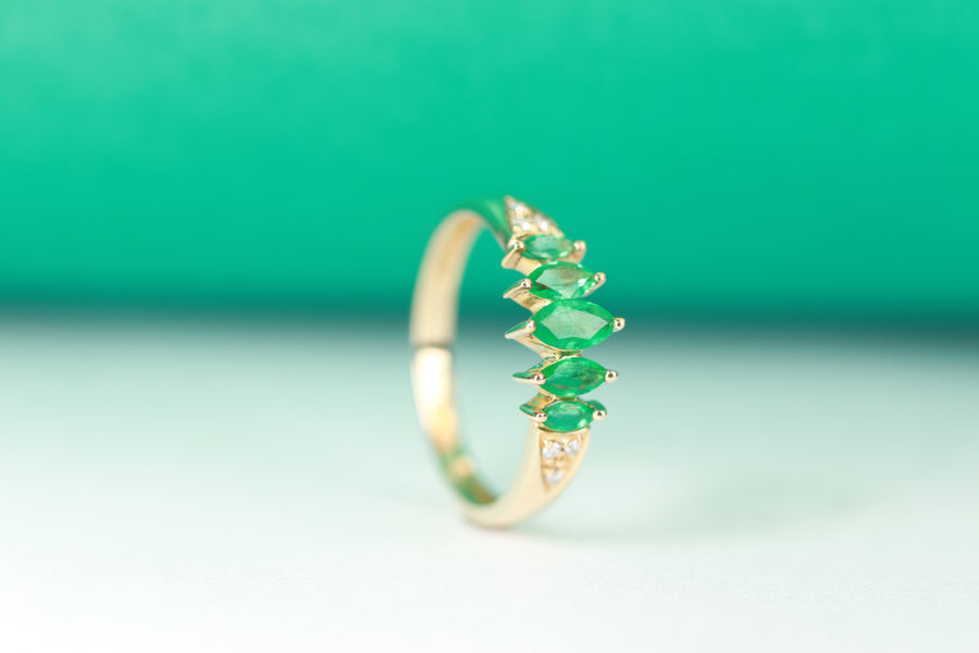 Regal Charm: Esther 10K Yellow Gold Marquise-Cut Natural Zambian Emerald Ring