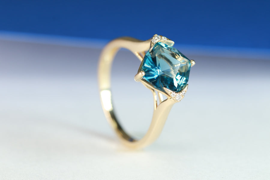 Kennedi 14K Yellow Gold Cushion-Cut Brazilian London Blue Topaz Ring