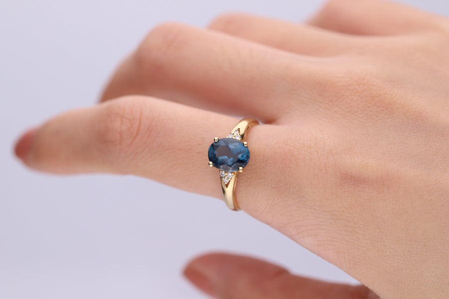 Blessing 10K Yellow Gold Oval-Cut Brazilian London Blue Topaz Ring