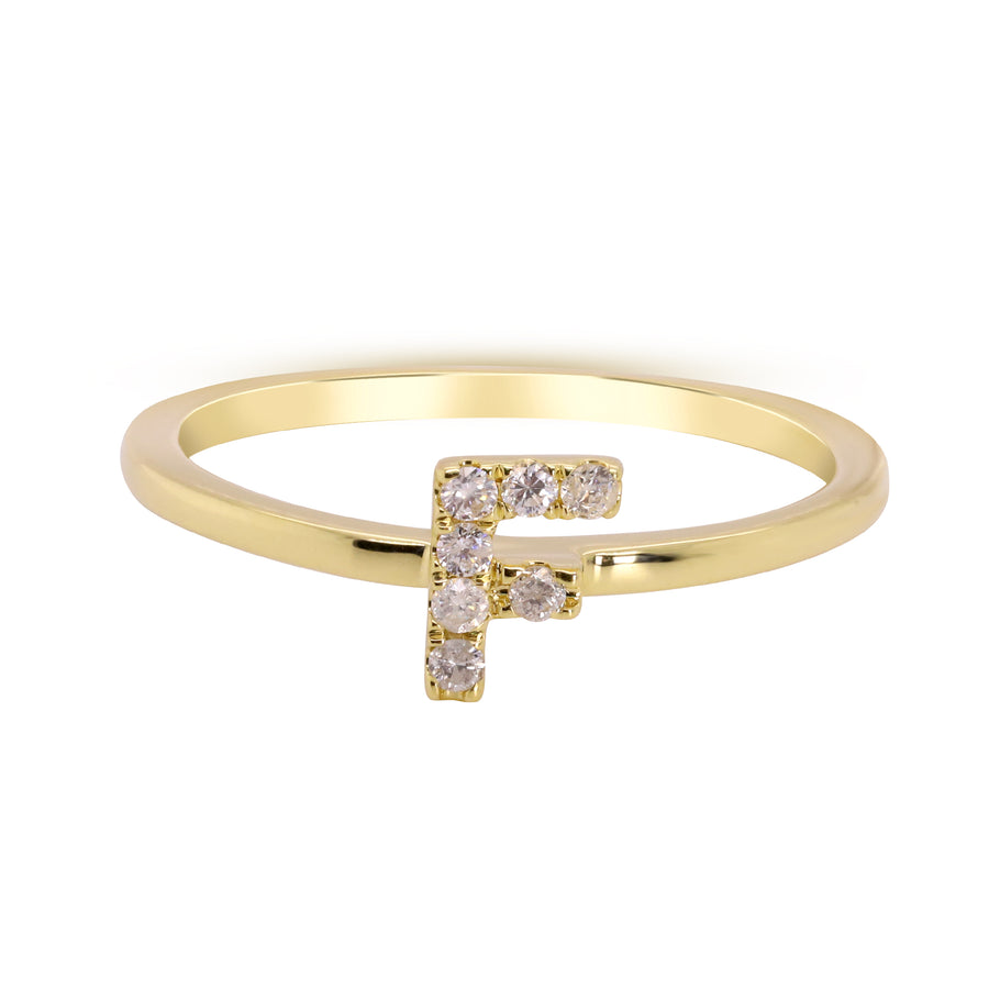 F Initial 14K Yellow Gold Round-Cut White Diamond Ring