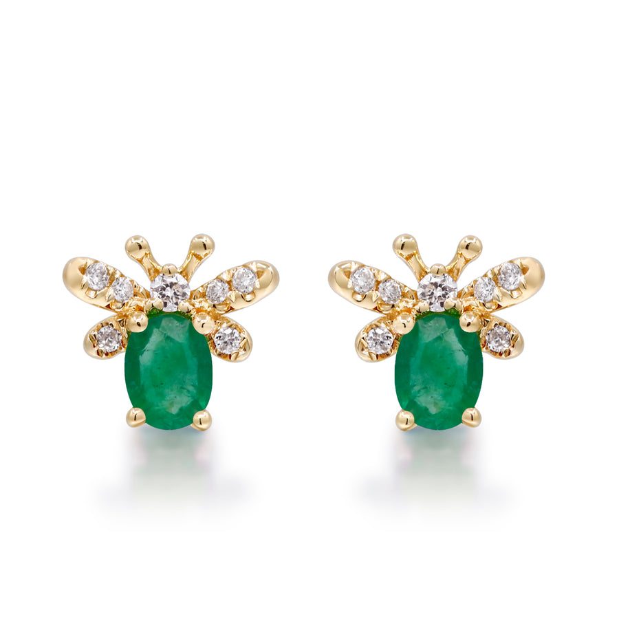 Gin and Grace in collaboration with Smithsonian Museum Collection presents Natural Zambian Emerald Queen bee earrings in 14K Yellow gold and Diamond for exclusive everyday look