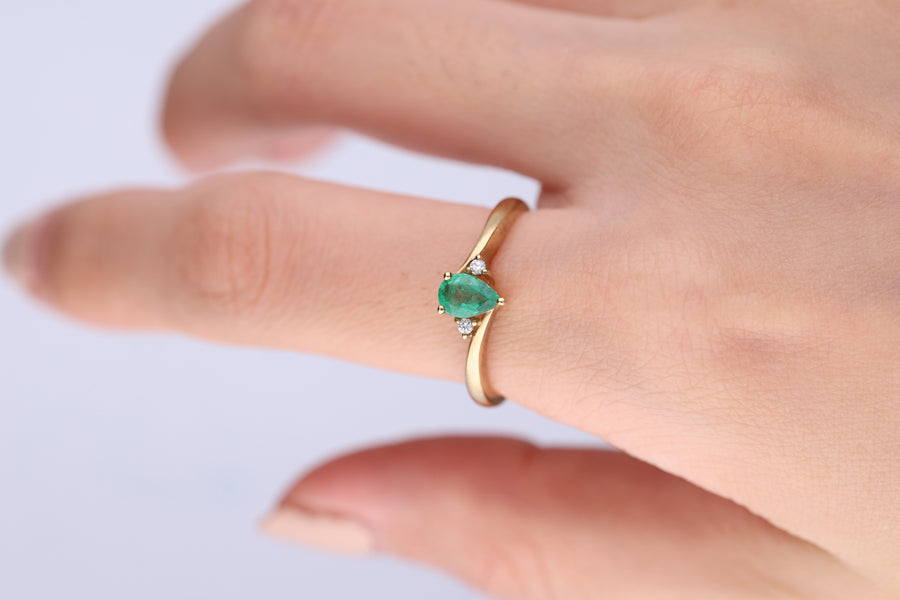 Paulina: 10K Yellow Gold Ring with Pear-Cut Natural Zambian Emerald