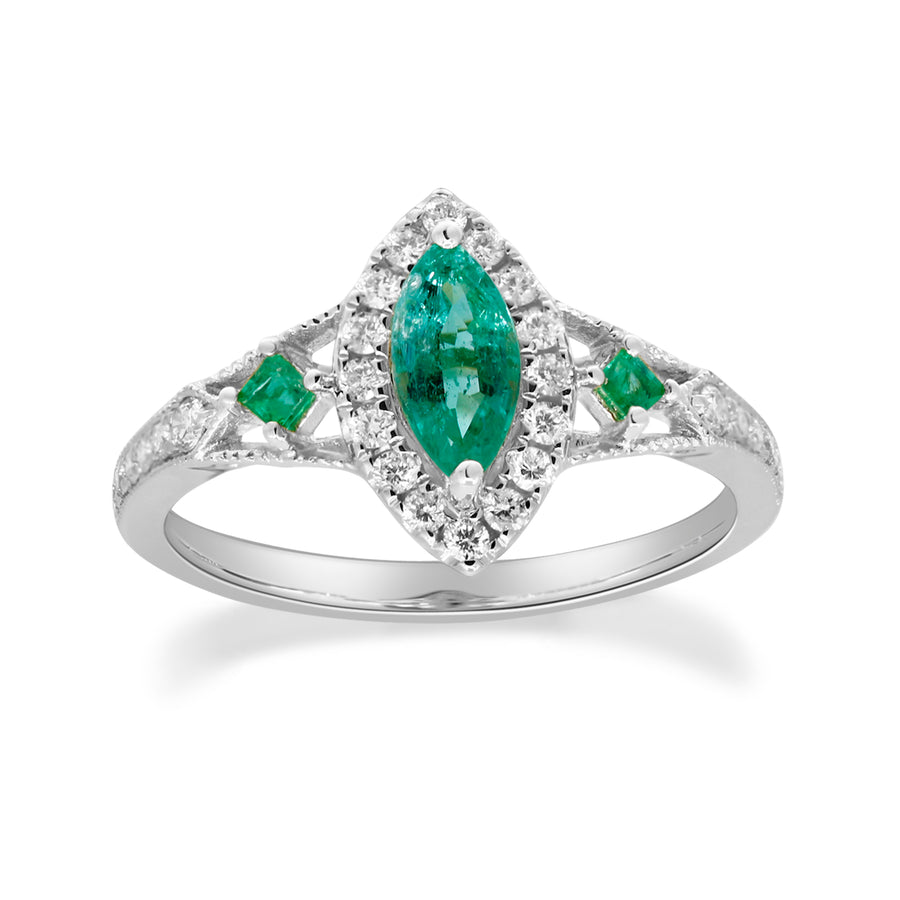 Enchanting Splendor: Annika 14K White Gold Marquise-Cut Natural Zambian Emerald Ring